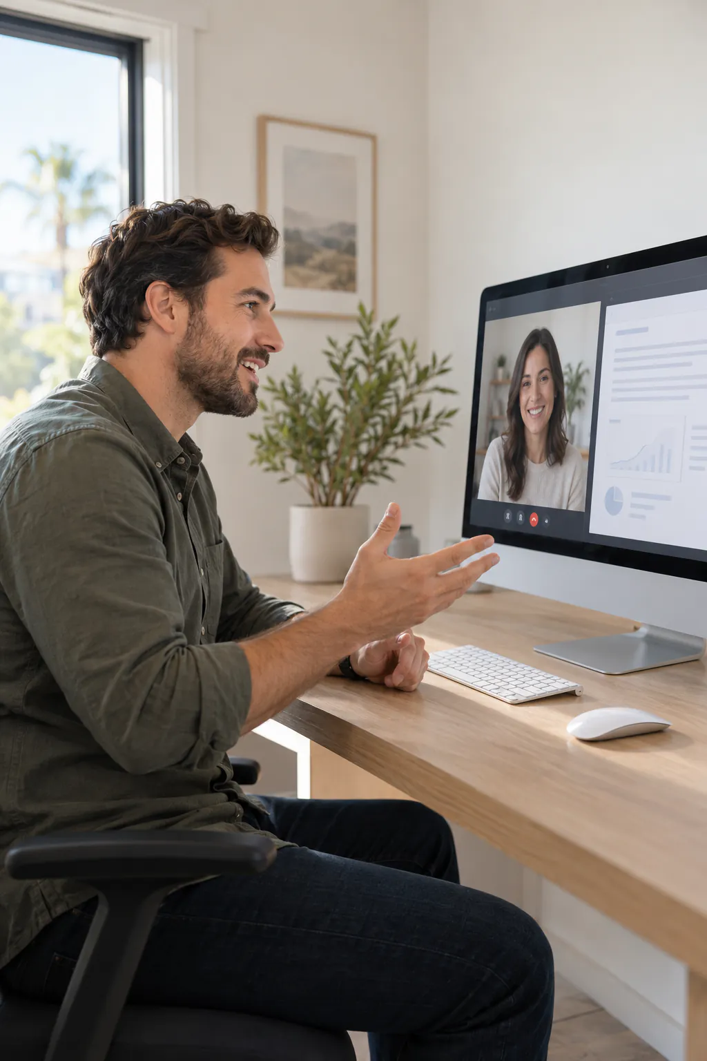 Man at a desk on a video call with a woman shown on his monitor
