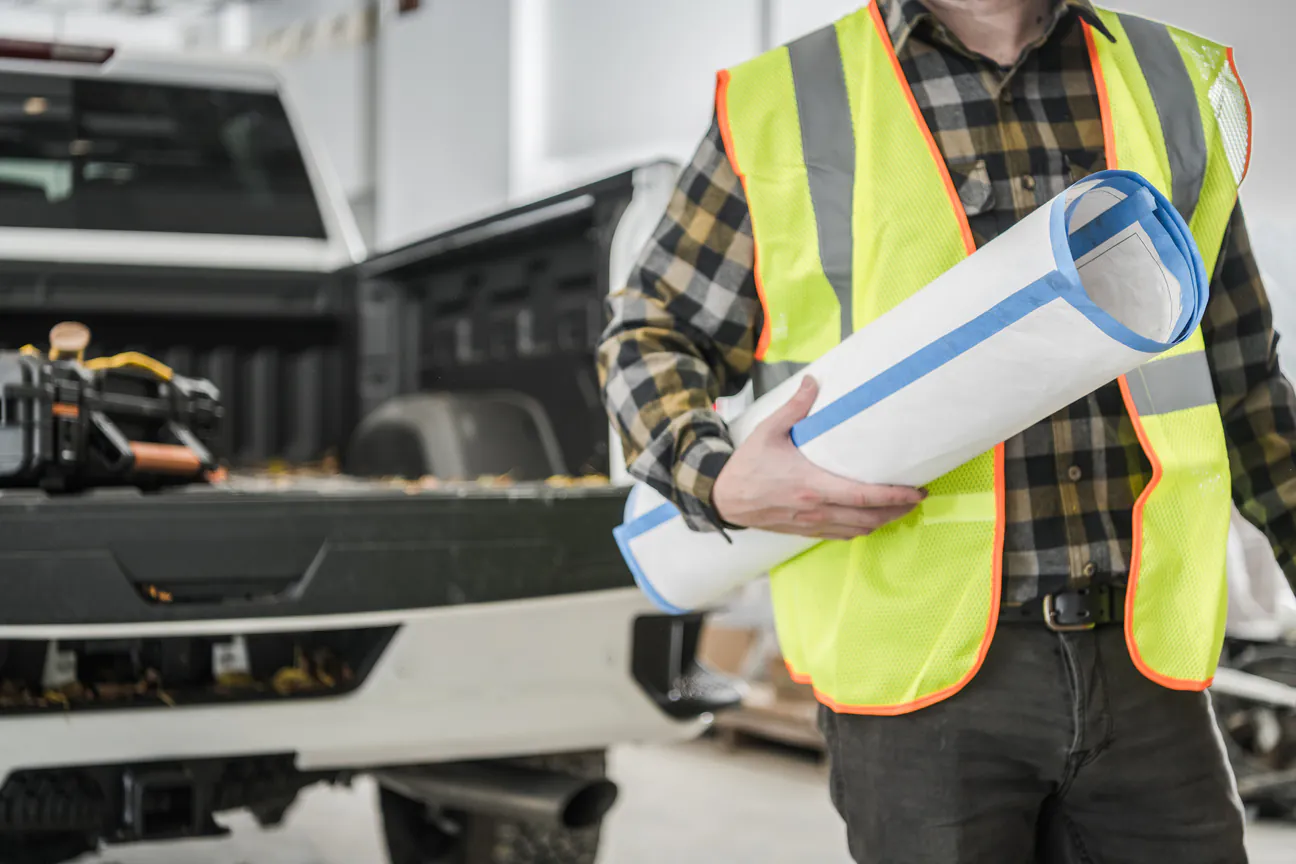 A contractor in a hi-vis safety vest over a plaid shirt holding a rolled set of drawings, standing at the open tailgate of his white pickup with tool cases in the bed, inside a building still under construction