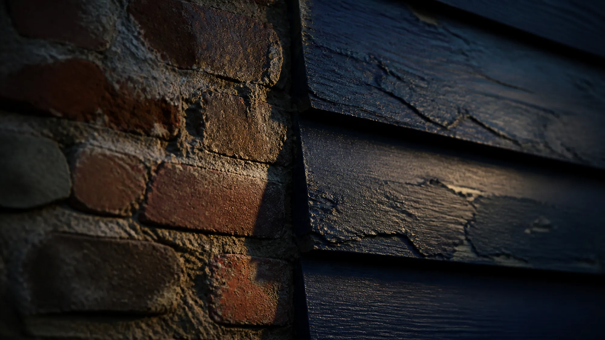 A close up of the outside corner of a house where a weathered brick and stone veneer column meets rough sawn horizontal lap siding, low raking sunlight picking out the mortar joints and the grain of the boards