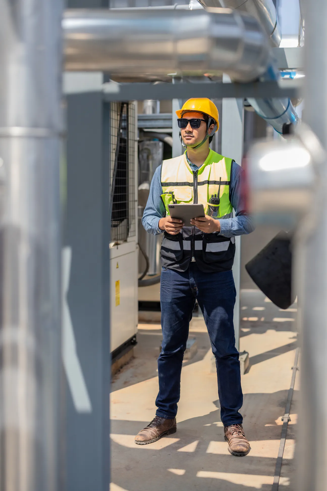 A worker in a yellow hard hat, sunglasses and a hi-vis vest holding a tablet on an outdoor mechanical deck, framed between two out-of-focus vertical ducts, with rooftop air handling equipment behind him