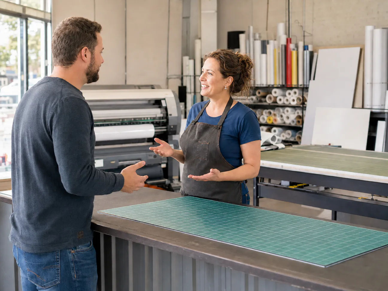 The owner of a small print and sign shop, in a work apron behind her counter, talking with a customer, with the large format printer and racks of roll stock behind her