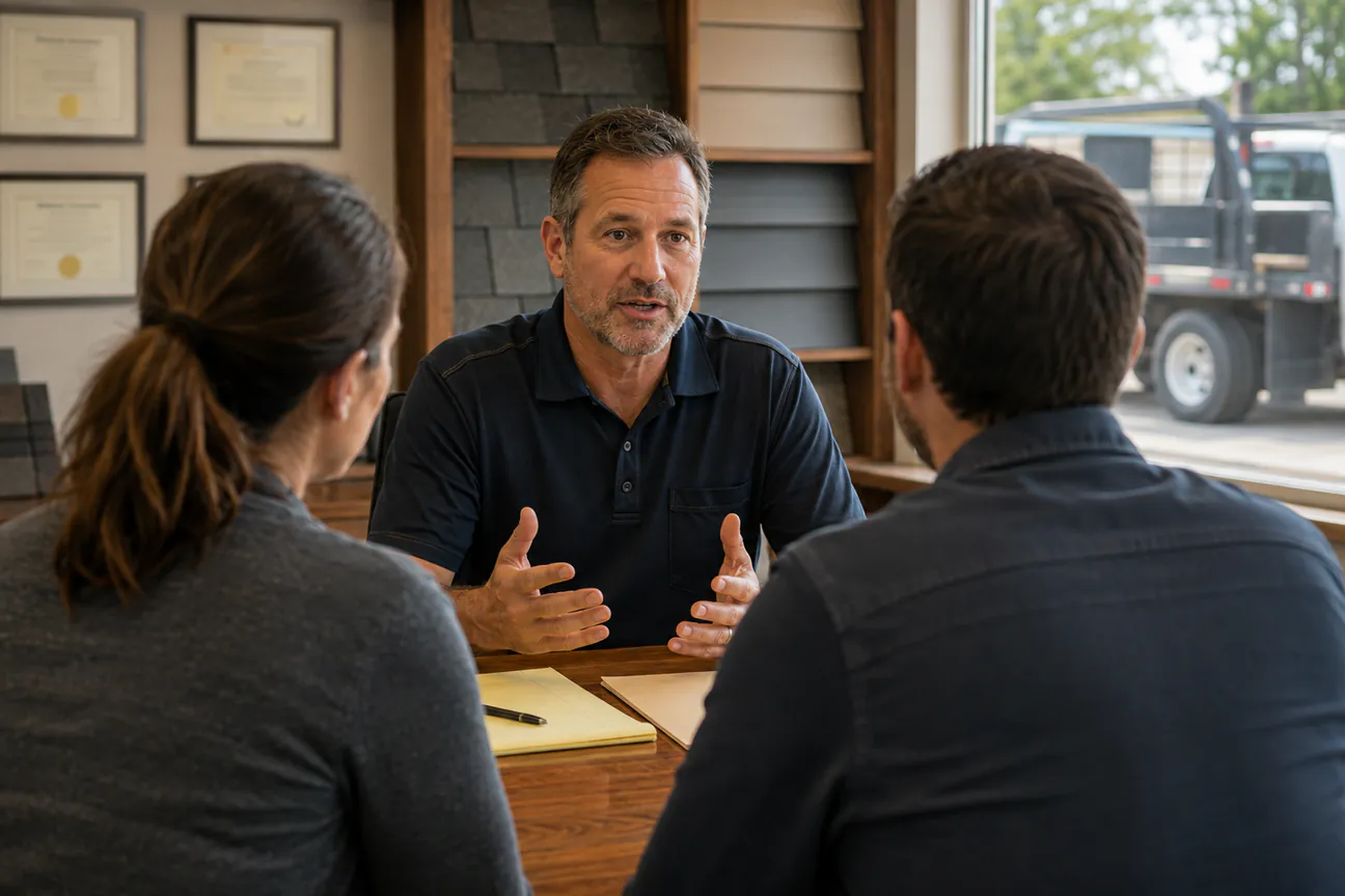 A roofing company owner at a table in his office, talking through the plan with two people from the agency.