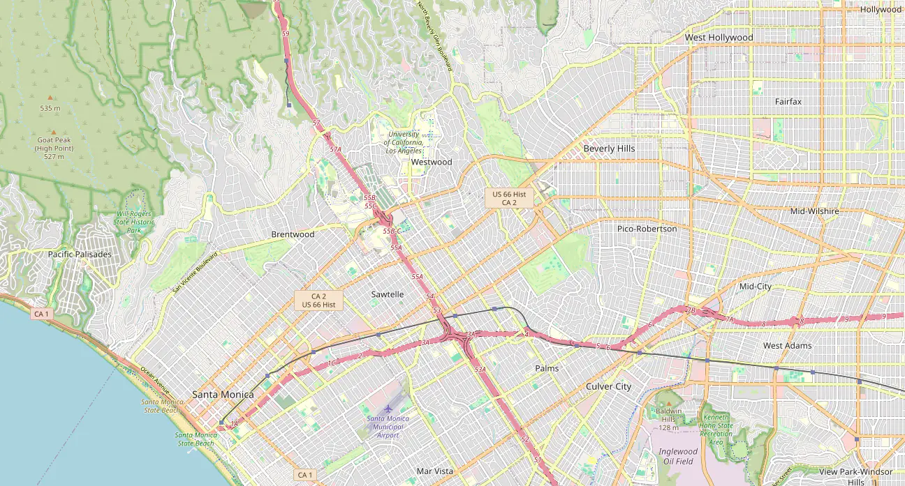 A map of the west side of Los Angeles, from Santa Monica to Beverly Hills and West Hollywood, with three selectable example search locations and numbered example positions.