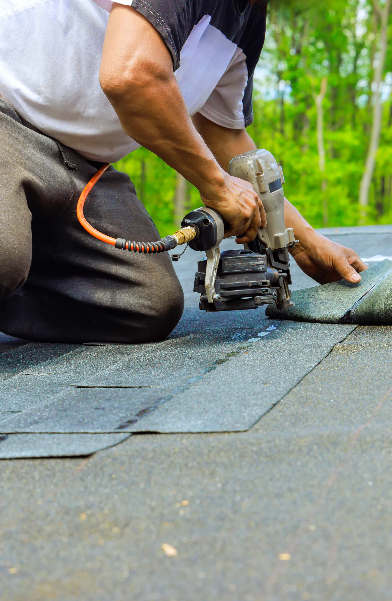 A roofer kneeling on a shingled roof driving a nail into the next course of asphalt shingles with a pneumatic coil nailer, an orange air hose looped back over his knee and summer trees behind him