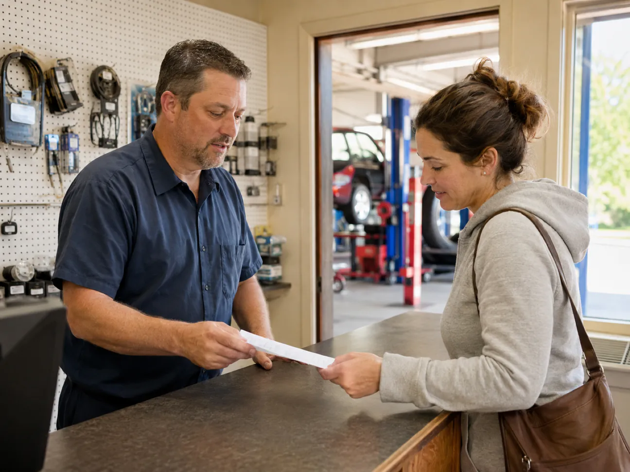 An auto repair shop owner handing a written estimate across his front counter to a customer, the lit service bay visible through the doorway behind him
