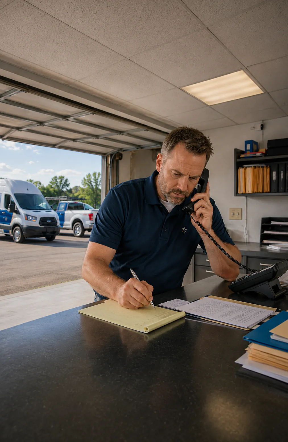 An HVAC company owner in a navy polo behind the counter of his shop office, a corded phone at his ear, writing a new job on a paper ticket pad, the roll-up door open behind him onto a white service van in the yard