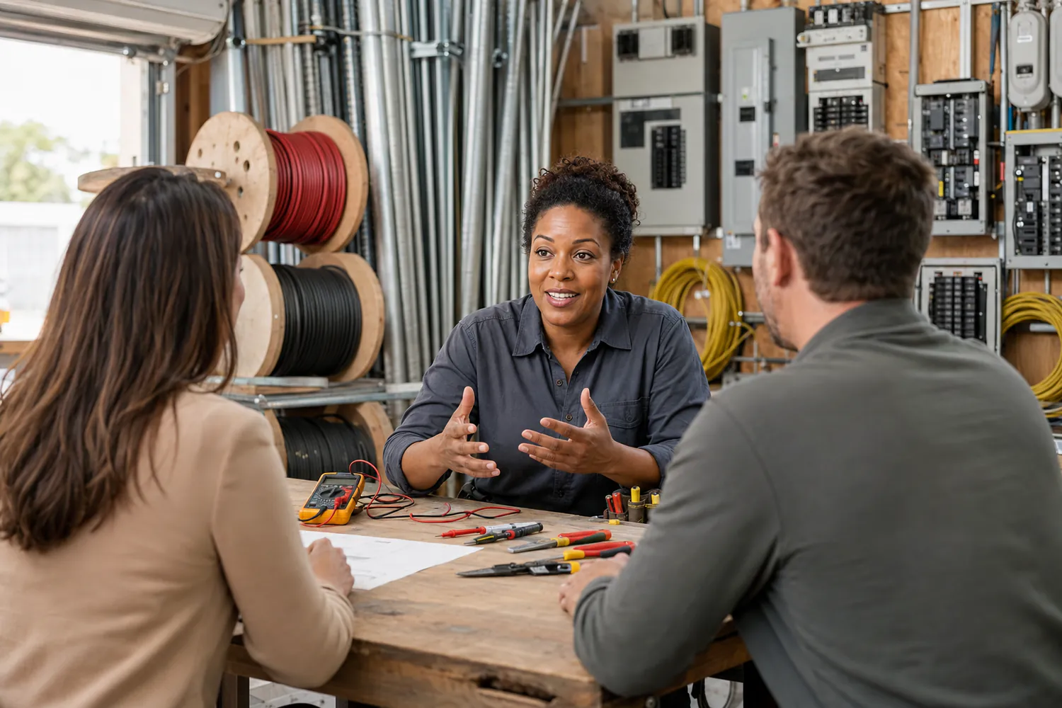 An electrical contractor owner at a table, talking through the plan with two people from the agency.