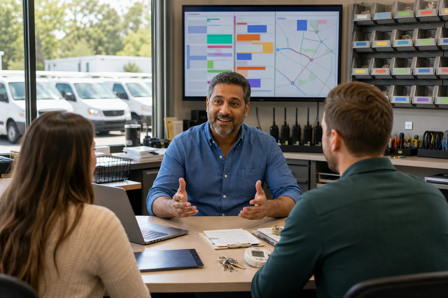 A home services company owner at a table, talking through the plan with two people from the agency.