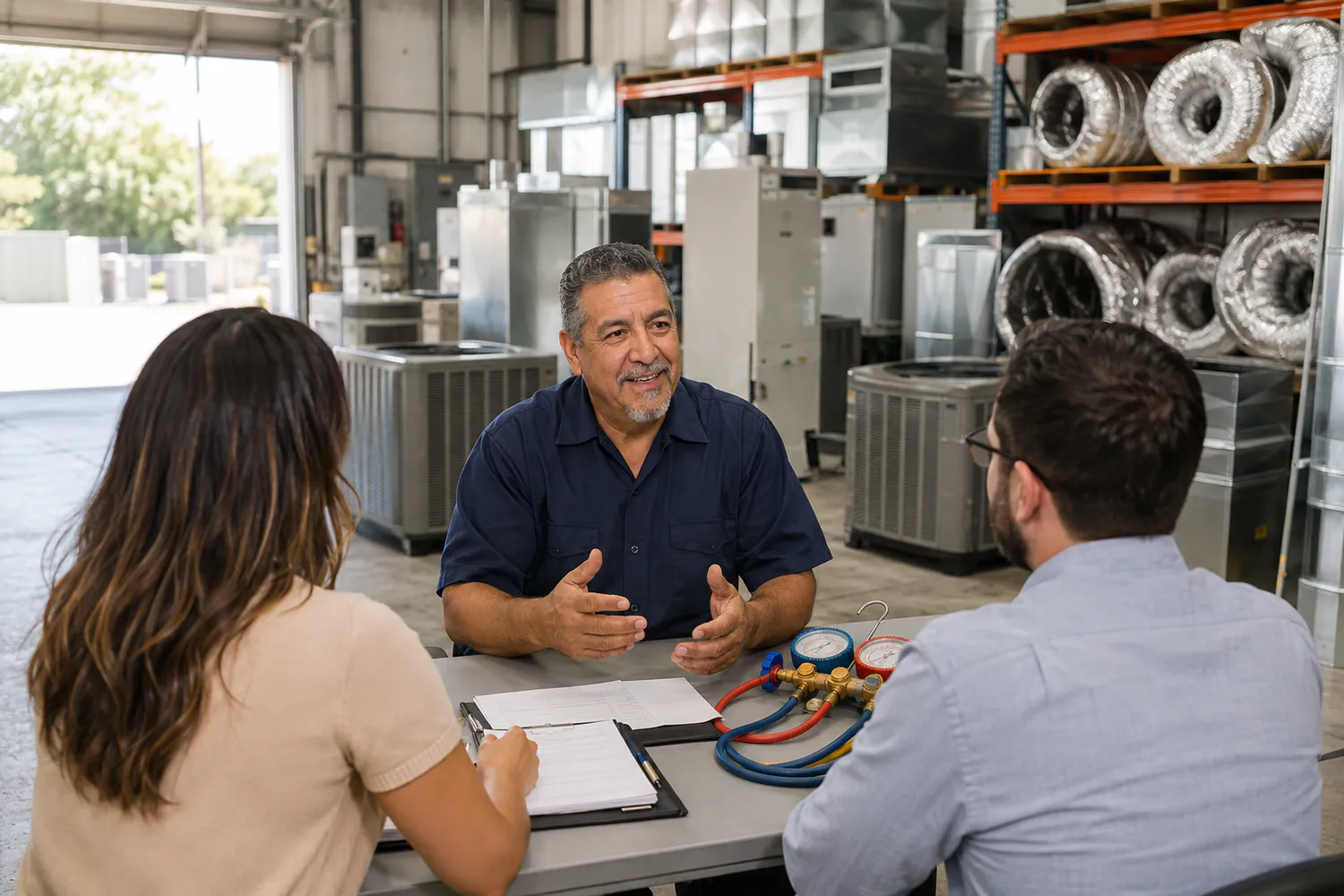 An HVAC company owner at a table, talking through the plan with two people from the agency.