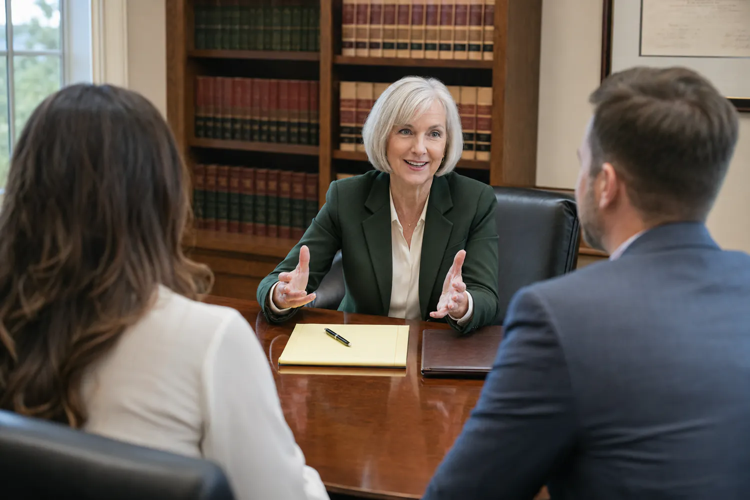 A managing partner at a table, talking through the plan with two people from the agency.