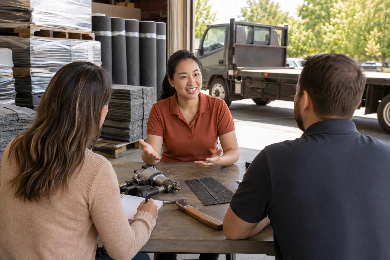 A roofing company owner at a table, talking through the plan with two people from the agency.