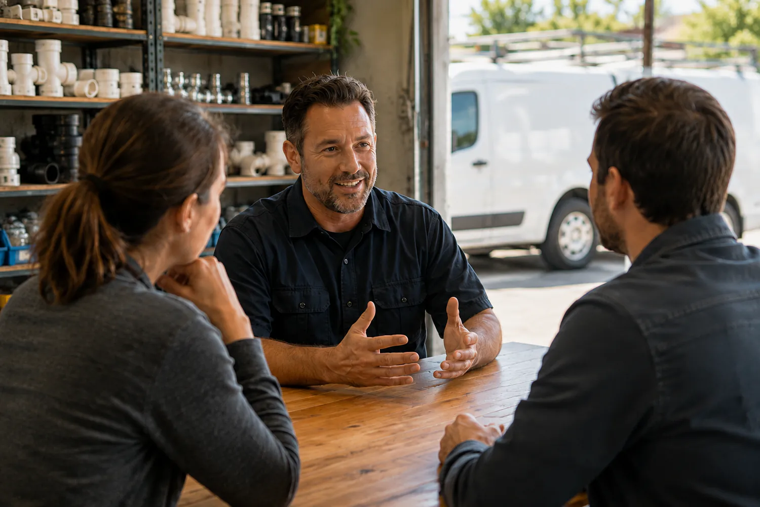 Three people talking across a wooden table in a plumbing supply shop, shelves of pipe fittings behind them and a white service van parked outside