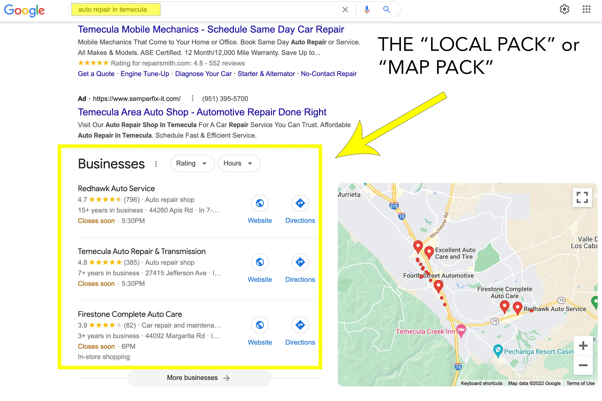 Example of Local Pack results on google for the term auto repair in Temecula
