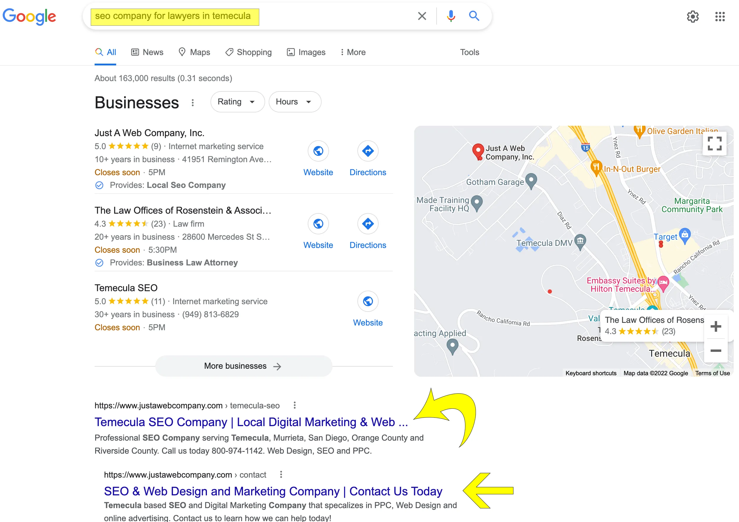 Example of organic search results on google